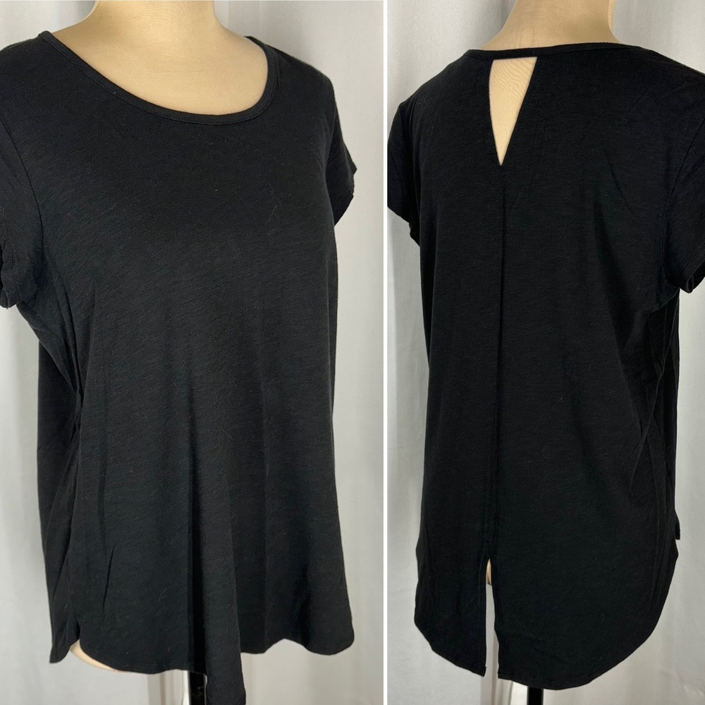Sigrid Olsen Black Modal Cotton Tunic Top M High Low Keyhole Back Split Hem